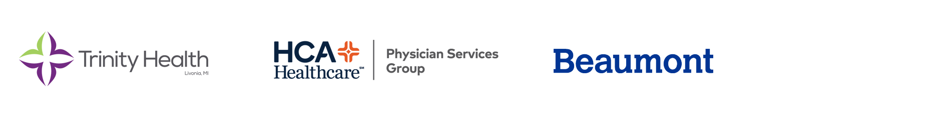 Trinity Health, HCA Healthcare, and Beaumont logos